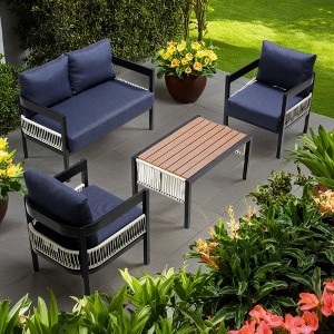 4-Piece Outdoor Iron Cnversation Sofa Set with Coffee Table, Rattan Decoration - 1 of 4