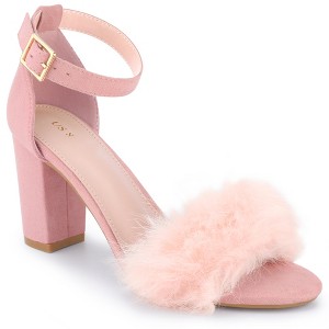 BLISSFUL STEP Women's Ankle Strap Faux Fur Open Toe Chunky Heel Sandal - 1 of 3