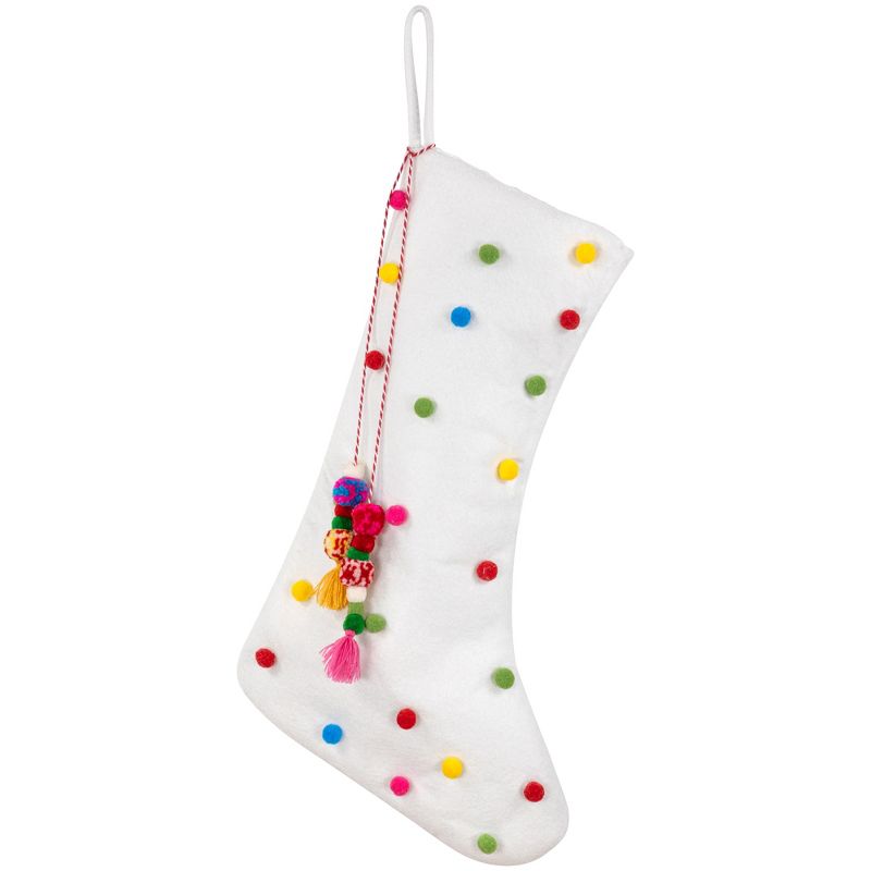 Northlight 20" White Christmas Stocking with Multicolor Pom-Poms and Tassels, 1 of 7