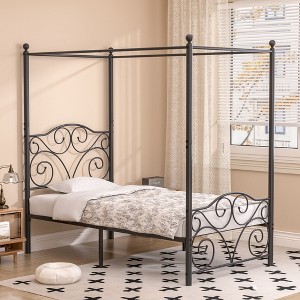 VECELO Metal Canopy Bed Frame, Twin Size Bed Frame with Headboard & Footboard, Heavy Duty Steel Slats, No Box Spring Needed Platform Bed - 1 of 4
