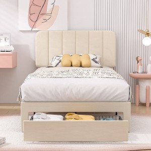 VECELO Upholstered Bed Frame with 1/4 Drawers and Adjustable Headboard, Twin/Full/Queen/King Platform Bed - 1 of 4