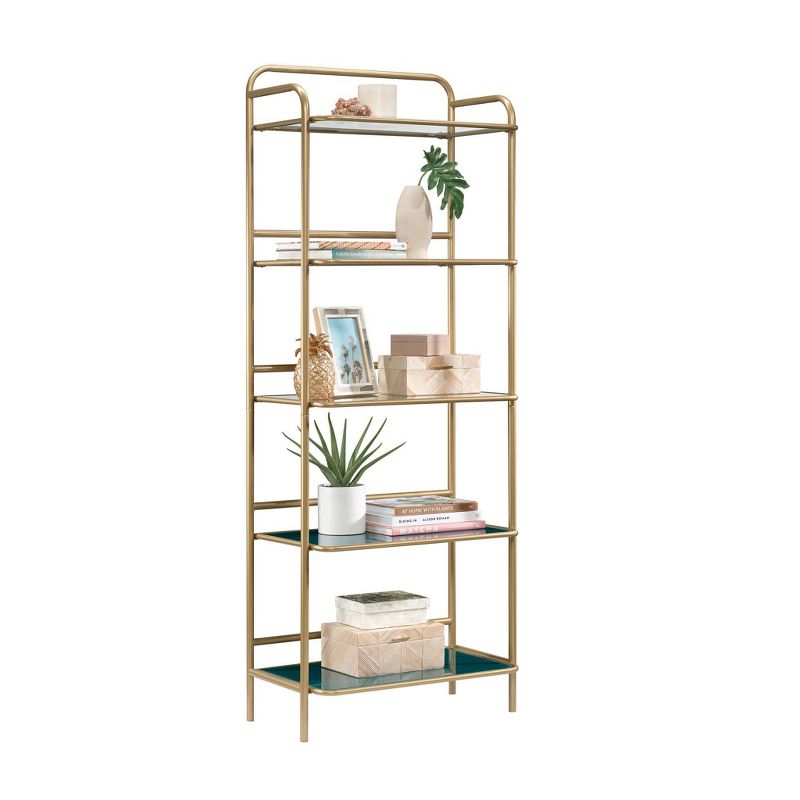 63&#34; Coral Cape Bookcase with Metal and Glass Satin Gold - Sauder: Teal Tinted Shelves, Mid-Century Modern Design, 3 of 11