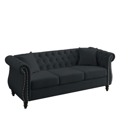 TiramisuBest 58.8" 2-Seater Tufted Velvet Sofa with Rolled Arms & Nailhead Trim, Black for Living Room,Bedroom & Office-2 Pillows