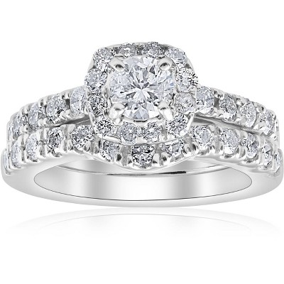 Pompeii3 1 1/4ct Cushion Halo Diamond Engagement Matching Wedding Ring Set 14K White Gold - Size 4