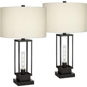 Franklin Iron Works Rafael 27 1/2" Tall Industrial Modern Table Lamps Set of 2 Dual USB Port Night Light Black Metal White Shade Living Room Charging - 1 of 4
