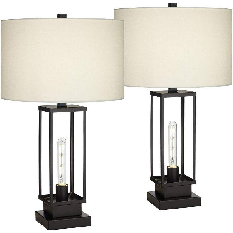Franklin Iron Works Rafael 27 1/2" Tall Industrial Modern Table Lamps Set of 2 Dual USB Port Night Light Black Metal White Shade Living Room Charging, 1 of 10