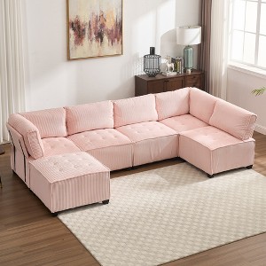 U-Shaped Sectional Sofas with Reversible Chaise, Luxurious Corduroy Upholstery, Deep Seat Comfort & Durable Support Perfect for Living Room - 1 of 4