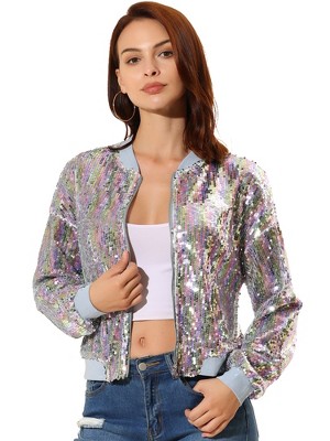 INSPIRE CHIC Women's Party Sequin Sparkle Long Sleeve Cropped Length Zipper Bomber Jacket