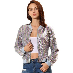 INSPIRE CHIC Women's Party Sequin Sparkle Long Sleeve Cropped Length Zipper Bomber Jacket - 1 of 4