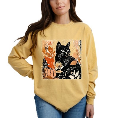 Simply Sage Market Black Cat Fall Leaves Distressed Garment Dyed Long Sleeve