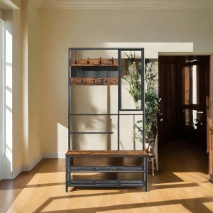 Coat Rack Shoe Bench with Mirror, Hall Tree with Bench and Shoe Storage Shelves, 13.8 x 38.6 x 70.9 in, Bedroom Living Room, Industrial Style - 1 of 4