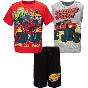 Blaze and the Monster Machines Stripes Zeg Blaze T-Shirt Tank Top and Bike Shorts French Terry 3 Piece Outfit Set Toddler - 1 of 4