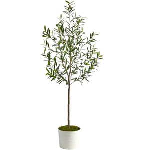 Nearly Natural 70-in Olive Artificial Tree in White Tin Planter - 1 of 4