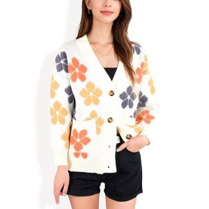 Anna-Kaci Women's Button-Up Knit Cardigan with Floral Print and Front Pockets - 1 of 4