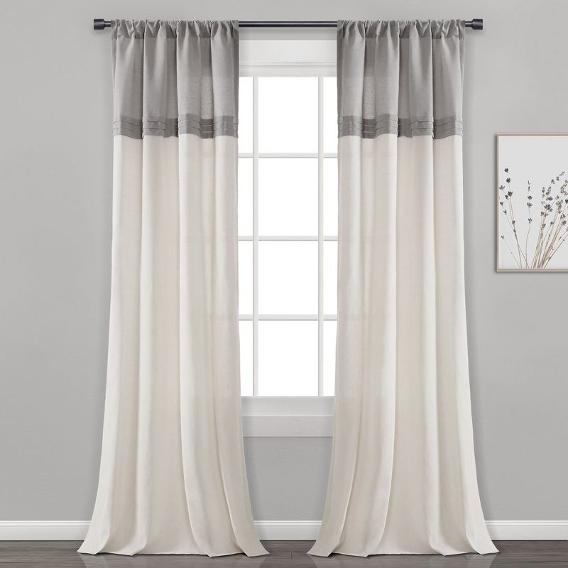 Home Boutique Farmhouse Faux Linen Colorblock Pleated Window Curtain Panels Gray/Off White 40X84 Set, 1 of 2