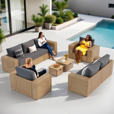 AMERLIFE Patio Sofa Set with Convertible Coffee Table - 8.3" Wide Armrests, UV-Resistant PE Rattan