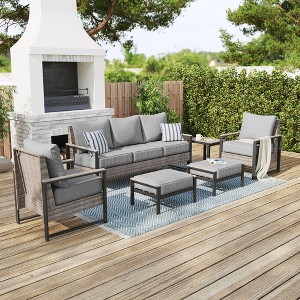 Sonkuki Outdoor Furniture Set Patio Conversation Sofa with Coffee Table Set, All-Weather PE Rattan Couch with Cushion - 1 of 4