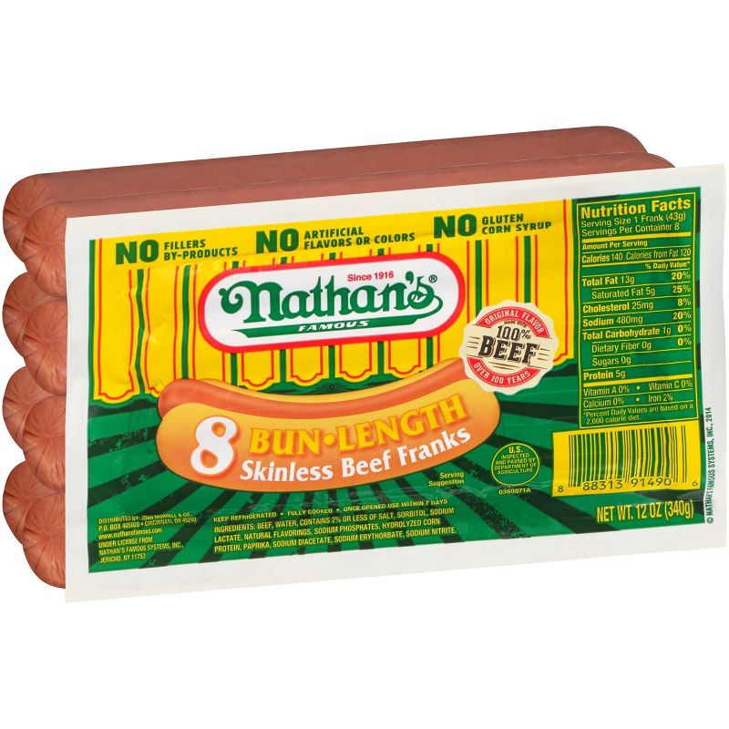 Nathan&#39;s Famous Bun Length Skinless Beef Franks - 12oz/8ct, 3 of 9
