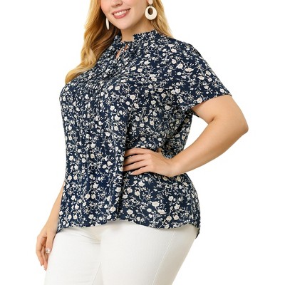 Agnes Orinda Women's Plus Size Self-tie Ruffle Pleated Floral Elegant Casual Blouses