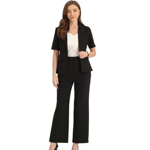 Plus Size Casual Suit Set, Women's Plus Solid Long Sleeve Lapel Collar Crop  Blazer & Wide Leg Pants Suit 2 Piece Set