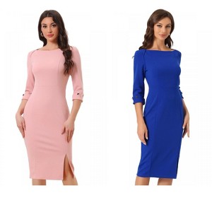 INSPIRE CHIC Women's Elegant Boat Neck 3/4 Sleeves Work Midi Split Sheath Dress 2 Packs - 1 of 4
