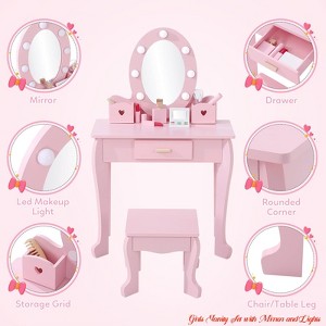 for Age 4-9 Girls' Vanity Table and Chair Set, Kids Makeup Dressing Table w/ Lights & Wood Makeup Playset, Kids Vanity Set w/ Mirror & Drawer - 1 of 4