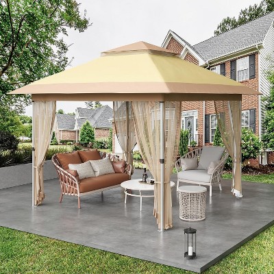 Gazebo Outdoor Pop Up Canopy Tent with Curtains 13'x13' with Mosquito Netting, 169 Square Shelter for Patio, Backyard, Party, 2-Tiered Vented Top
