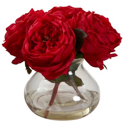Nearly Natural Fancy Rose with Vase, Red