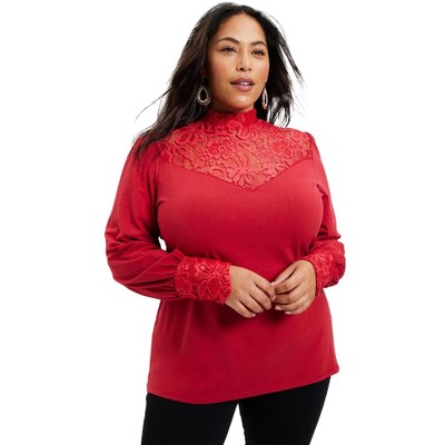 June + Vie by Roaman's Women's Plus Size Lace Yoke Mockneck Top