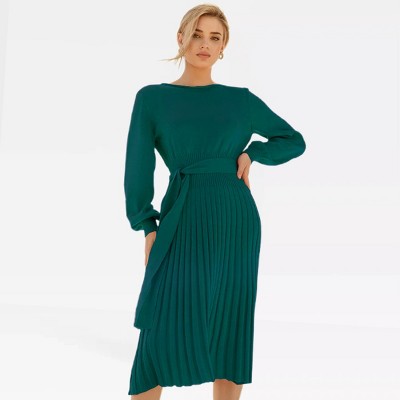 Womens Long Sleeve Sweater Dress High Waist Pleated Midi Dress Slim Fit Tie Waist Sweater Knit Jewel Neck Formal Dress Winter Sweater Dress