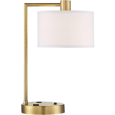 360 Lighting Modern Desk Table Lamp with USB and AC Power Outlet in Base Antique Brass Linen Drum Shade Living Room Bedroom Office