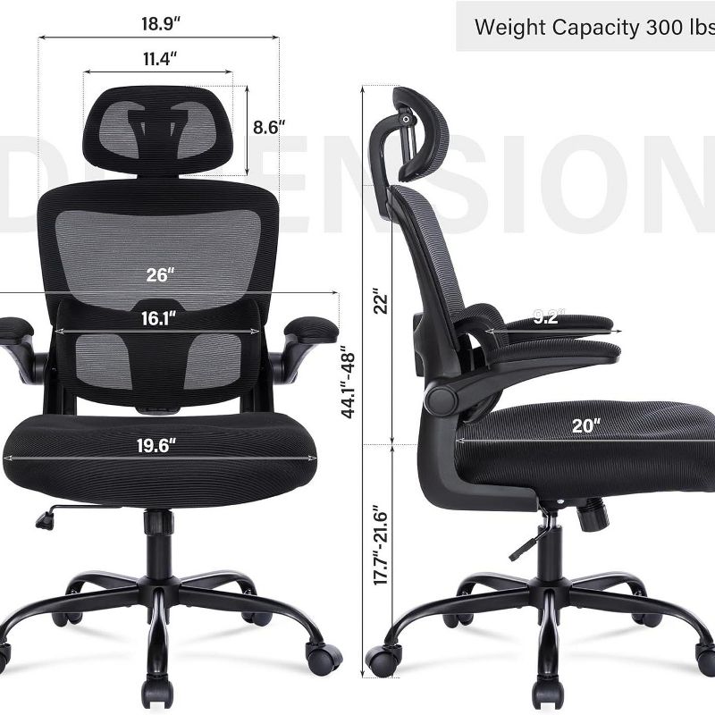 Ergonomic Mesh Office Chair with 3D Adjustable Lumbar Support, High Back Chair with Flip-up Arms, Swivel Rolling Chairs for Adults-The Pop Home, 3 of 11