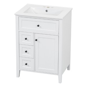 Gulches 24 Inch 1 Sink Freestanding White Bath Vanity with White Ceramic Top 3 Drawers Cabinet Adjustable Shelves - 1 of 4