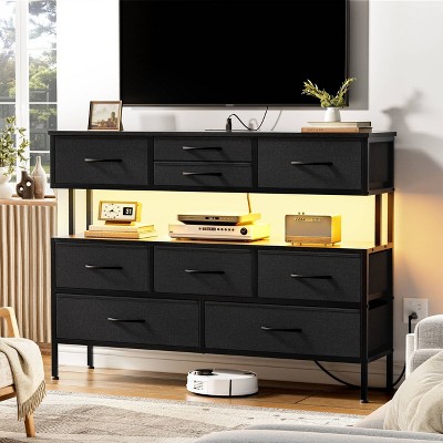 WOWLIVE 9 Dresser for Bedroom, Chest of Drawers with Fabric Drawer, 55’’ TV Stand with Charging Station and LED Lights