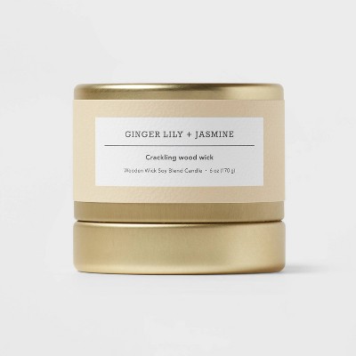 Inset Tin Ginger Lily + Jasmine Wooden Wick Lidded Jar Candle Gold 6oz - Threshold™: Soy & Paraffin Blend, 40hr Burn Time