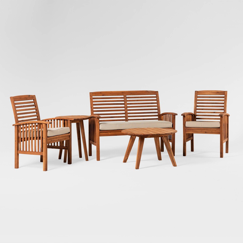 Ravenscroft 5pc Outdoor Set with Modern Acacia Slatted Round Table – Brown – Saracina Home For Sale