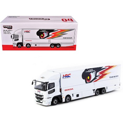 Mitsubishi Fuso Truck with Transporter "Team MUGEN - HRC" White with Graphics "Truck64" 1/64 Diecast Model Car by Tarmac Works