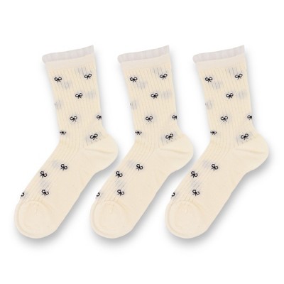 Anna-Kaci 3-Pack Women's Crew Socks with Allover Bow Embroidery and Ribbed Texture