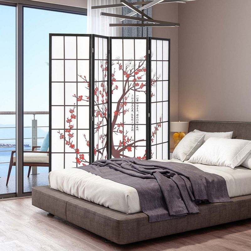 Costway 4-Panel Japanese Style Folding Room Divider with Elegant Plum Blossom Design Indoor, 4 of 11