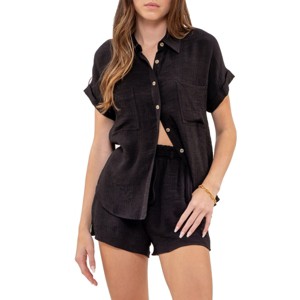 August Sky Women's Gauze Button Up and Shorts Set - 1 of 4
