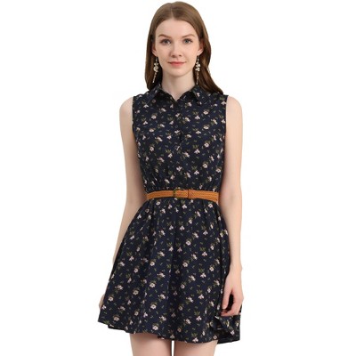 INSPIRE CHIC Women's Floral Sleeveless Half Placket Mini Belted Summer Dress