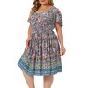 Agnes Orinda Women's Plus Size V Neck Short Sleeve Midi Boho Floral Smock Waist Outfits A Line Dresses - 2 of 4