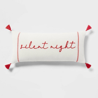 12"x26" Christmas Embroidered Silent Night with Tassels Oblong Decorative Throw Pillow Cream/Red - Threshold™
