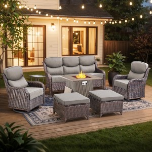 Buenhomino 7 Piece Wicker Outdoor Furniture Set with 6-inch Thick Cushion, High Back Patio Furniture Set with Swivel Rocking Chairs and Fire Pit Table - 1 of 4