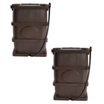 FCMP Outdoor WG4000 45 Gallon Wood Grain Outdoor Home Rain Water Catcher Barrel Flat Back Container with Spigots and Mesh Screen, Brown (2 Pack)