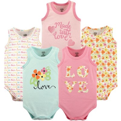Image of Luvable Friends Baby Girl Cotton Sleeveless Bodysuits 5pk, Love, 18-24 Months