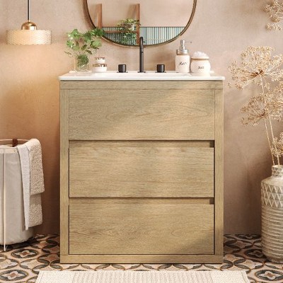 NicBex Modern 30" Freestanding Vanity Cabinets, Natural Wood Grain Bathroom Vanity with Ceramic Sink & 2 Full-Extension Drawers