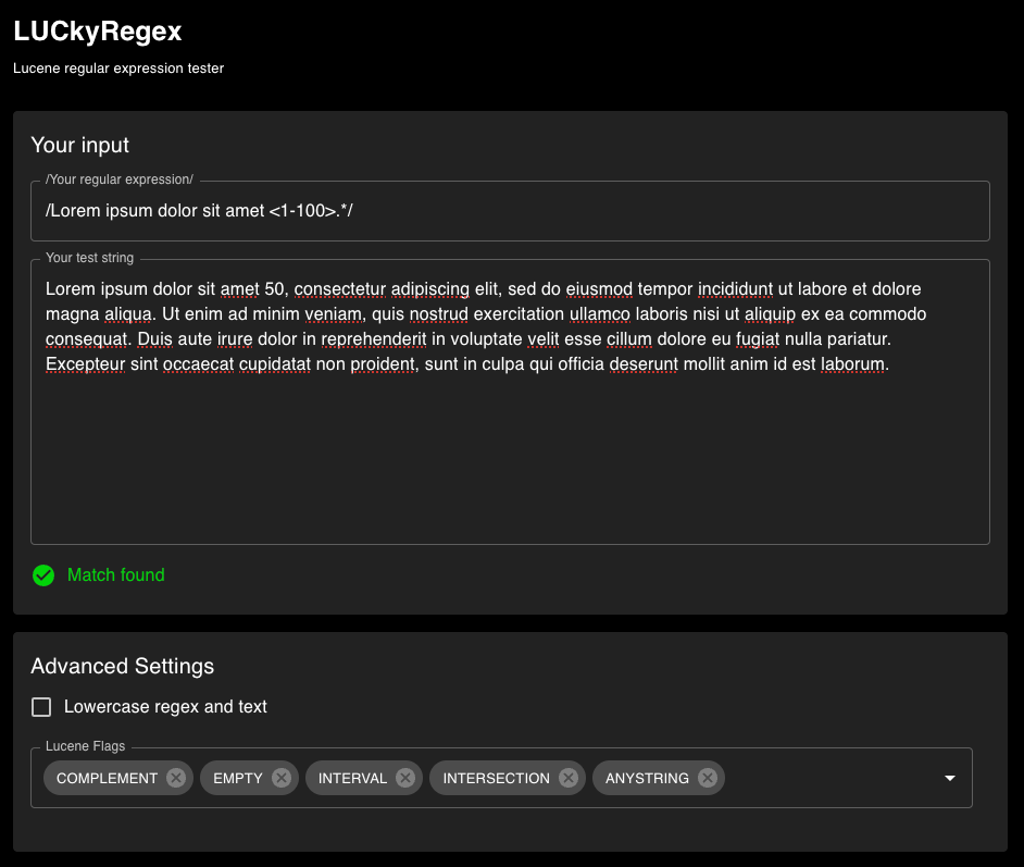 Screenshot of LUCkyRegex input form in Git, with lorem ipsum dummy text inserted in the input fields, and flags in the "advanced settings" section that read "COMPLEMENT," "EMPTY," "INTERVAL," "INTERSECTION," and "ANYSTRING"