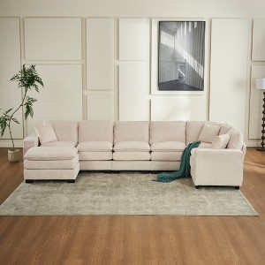 Modern U-Shaped 6-Seat Sectional Sofa with Ottoman & 3 Toss Pillows ¨C Modular Corduroy Couch for Living Room - 1 of 4