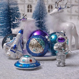 8pc Galactic Space Theme Glass Ornament Bundle, Purple Star Pattern Baubles, Astronaut, Spaceship, and UFO Decorations| OrnamentallyYou - 1 of 4